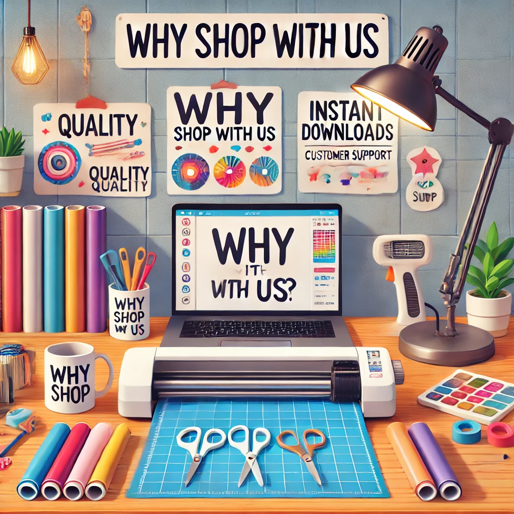 A welcoming crafting workspace featuring a vinyl cutter, colorful vinyl rolls, scissors, a mug press, and a laptop displaying a design file, symbolizing quality, instant downloads, and customer support for an online crafting shop.